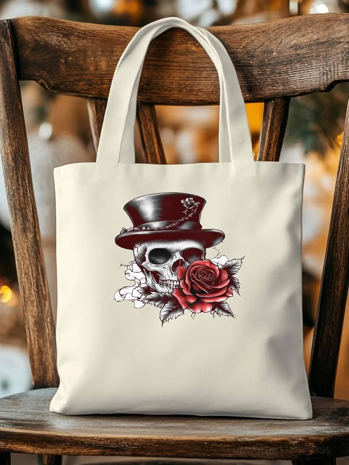 Canvas Tote Bag, Top Hat Skeleton Red Valentine's Rose Aesthetic Canvas Tote Handbags for Women Shoulder Bag