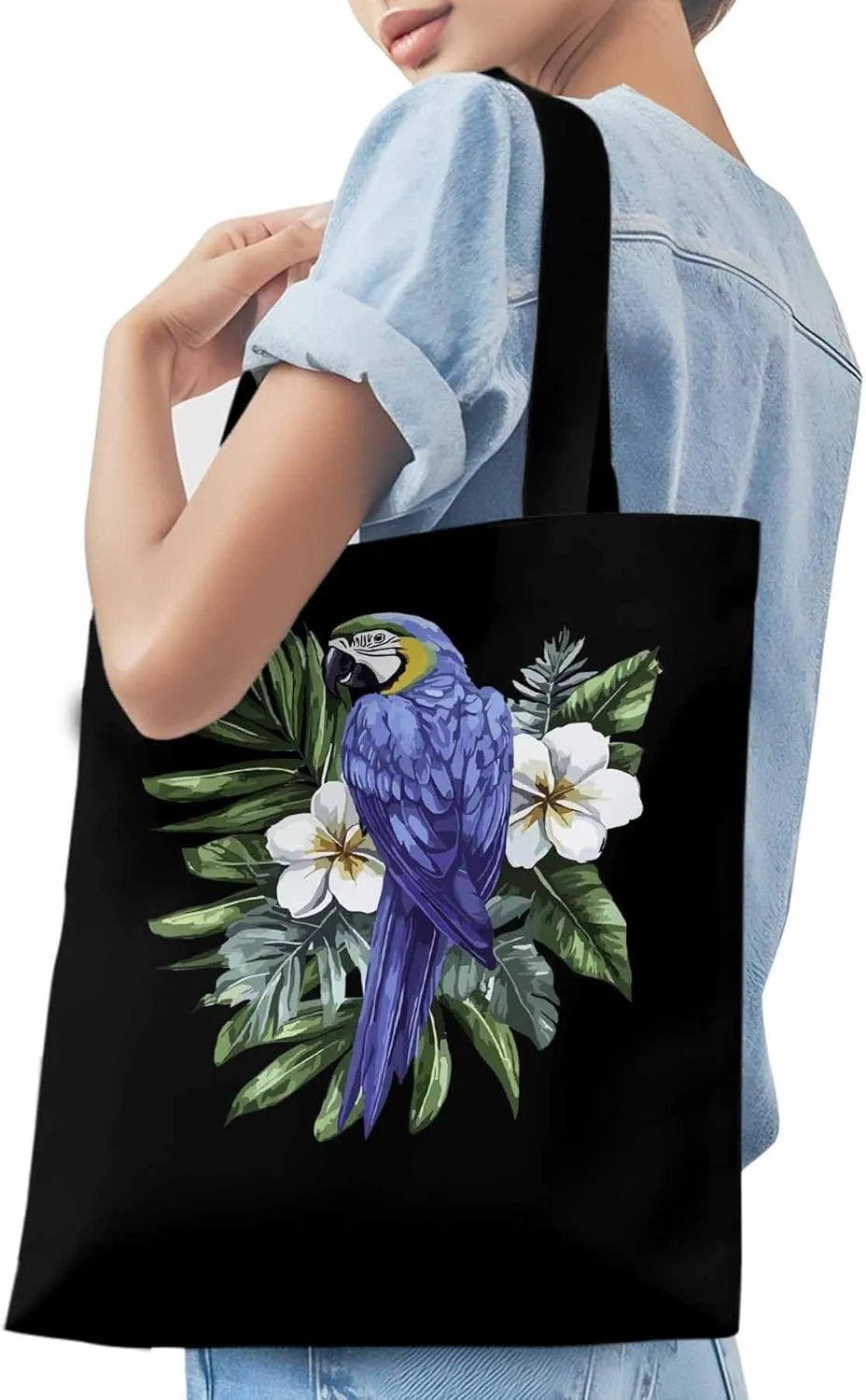Canvas Tote Bag, Tropical Palm Leaves Parrot Aesthetic Canvas Tote Handbags for Women Shoulder Bag,