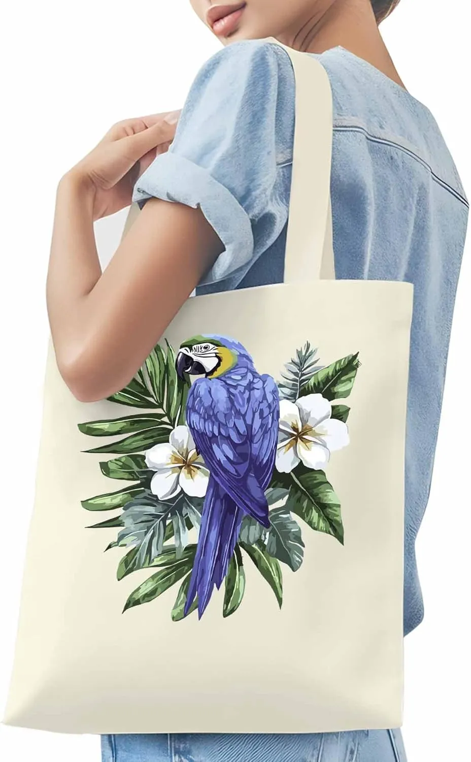 Canvas Tote Bag, Tropical Palm Leaves Parrot Aesthetic Canvas Tote Handbags for Women Shoulder Bag,