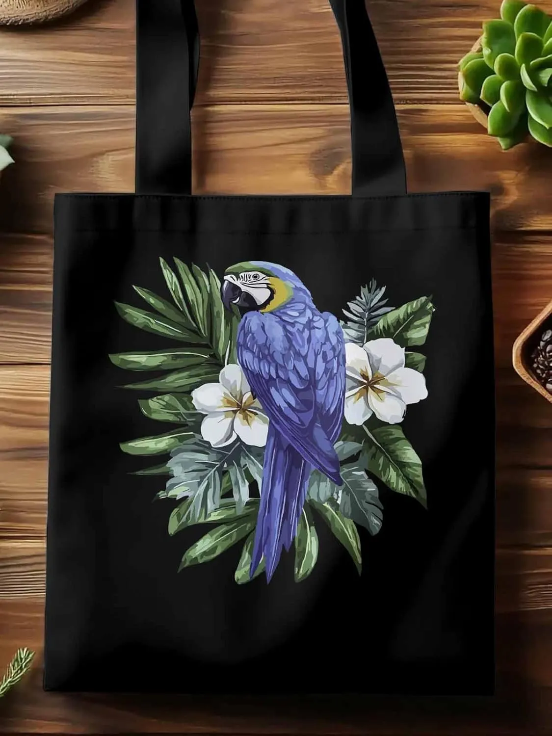 Canvas Tote Bag, Tropical Palm Leaves Parrot Aesthetic Canvas Tote Handbags for Women Shoulder Bag,
