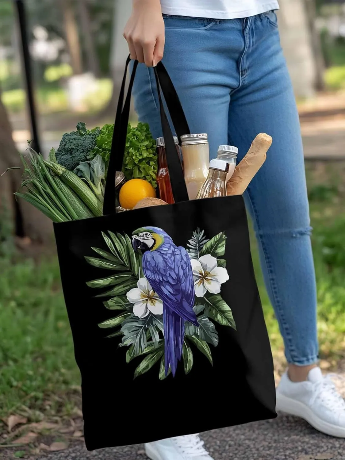 Canvas Tote Bag, Tropical Palm Leaves Parrot Aesthetic Canvas Tote Handbags for Women Shoulder Bag,