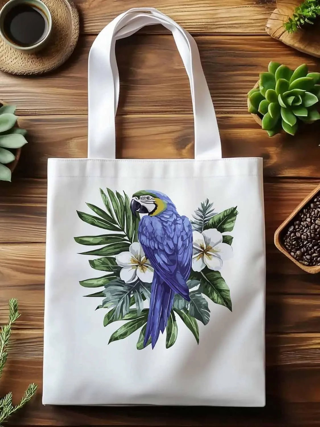 Canvas Tote Bag, Tropical Palm Leaves Parrot Aesthetic Canvas Tote Handbags for Women Shoulder Bag,
