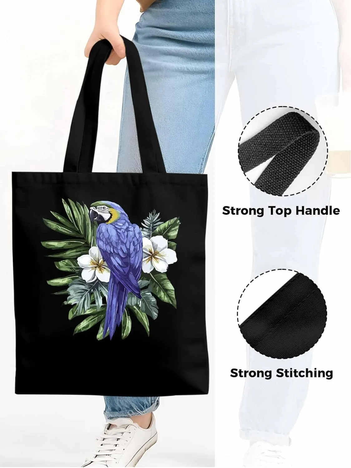 Canvas Tote Bag, Tropical Palm Leaves Parrot Aesthetic Canvas Tote Handbags for Women Shoulder Bag,