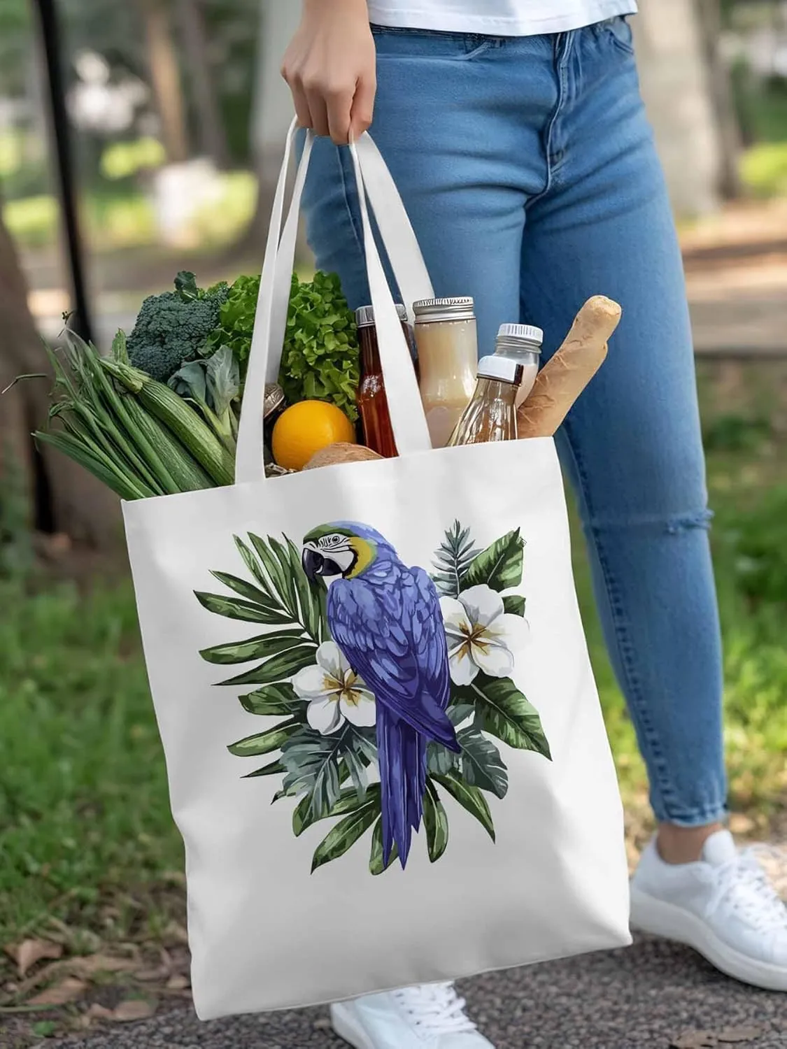 Canvas Tote Bag, Tropical Palm Leaves Parrot Aesthetic Canvas Tote Handbags for Women Shoulder Bag,