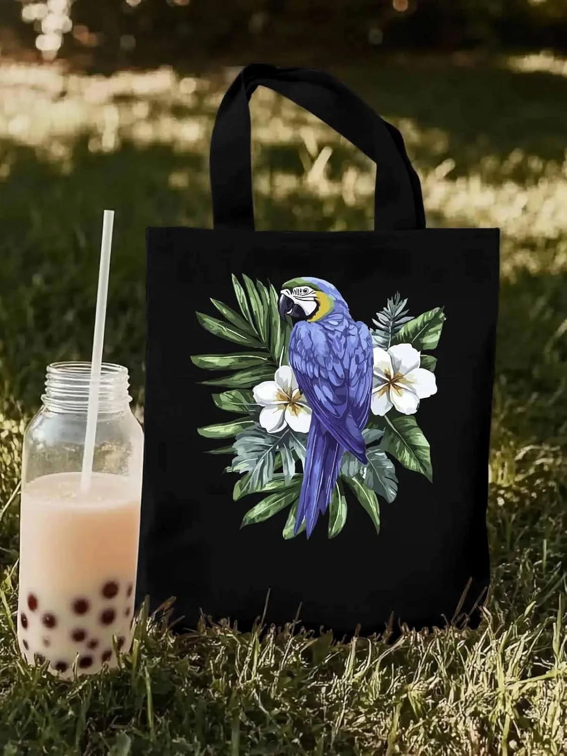 Canvas Tote Bag, Tropical Palm Leaves Parrot Aesthetic Canvas Tote Handbags for Women Shoulder Bag,