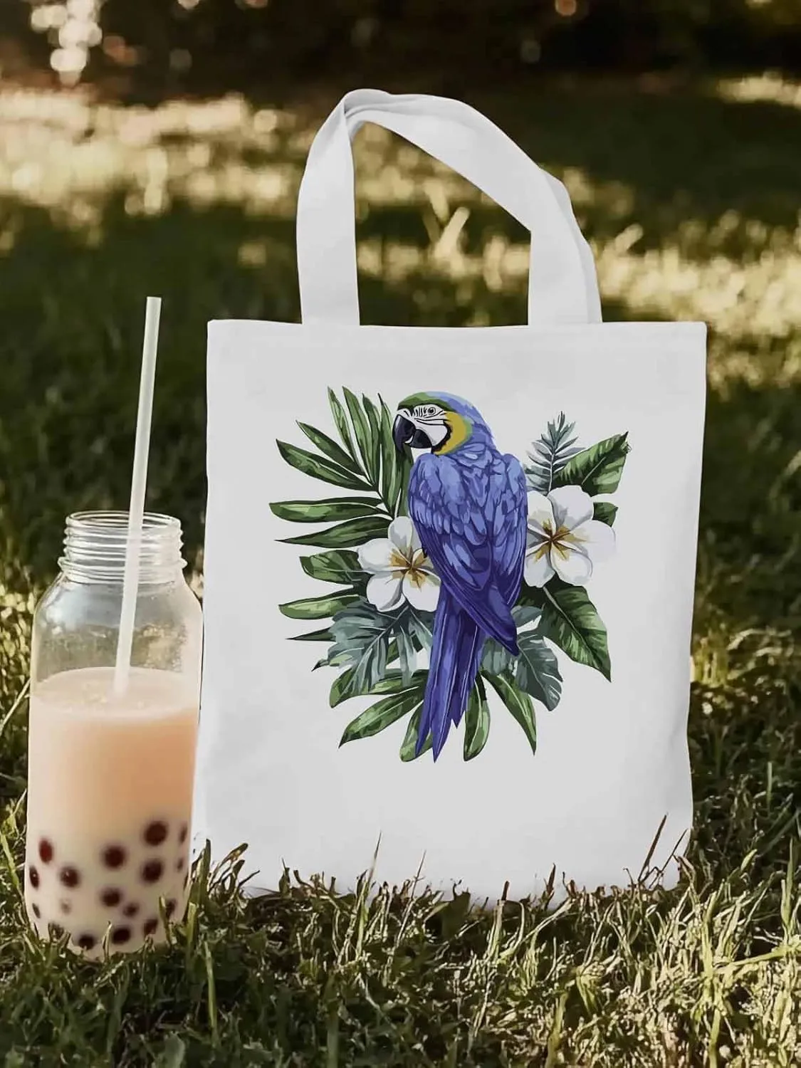 Canvas Tote Bag, Tropical Palm Leaves Parrot Aesthetic Canvas Tote Handbags for Women Shoulder Bag,