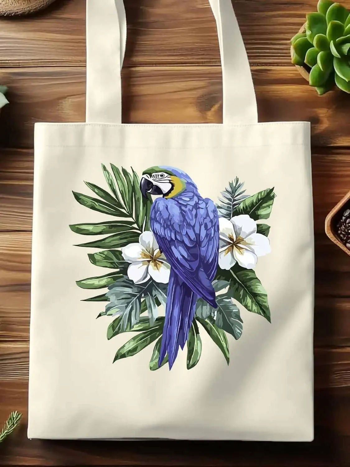 Canvas Tote Bag, Tropical Palm Leaves Parrot Aesthetic Canvas Tote Handbags for Women Shoulder Bag,