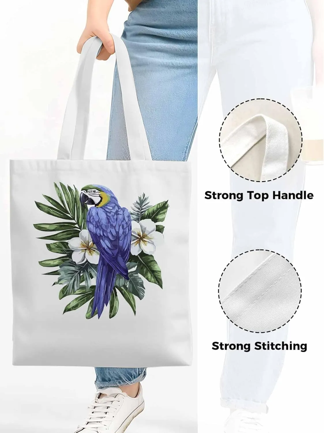 Canvas Tote Bag, Tropical Palm Leaves Parrot Aesthetic Canvas Tote Handbags for Women Shoulder Bag,