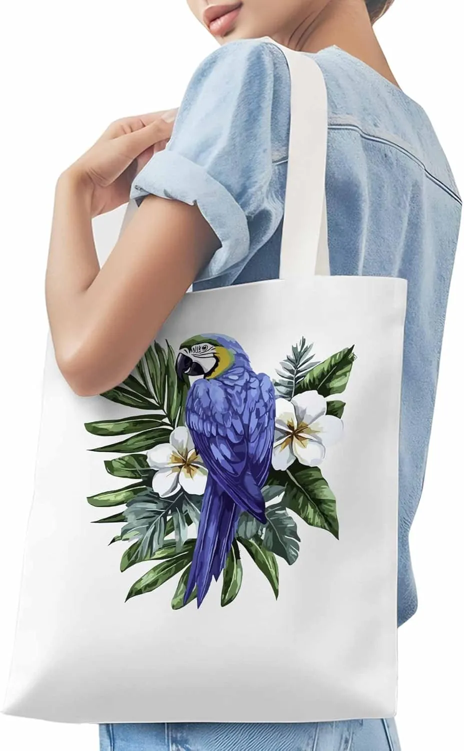 Canvas Tote Bag, Tropical Palm Leaves Parrot Aesthetic Canvas Tote Handbags for Women Shoulder Bag,