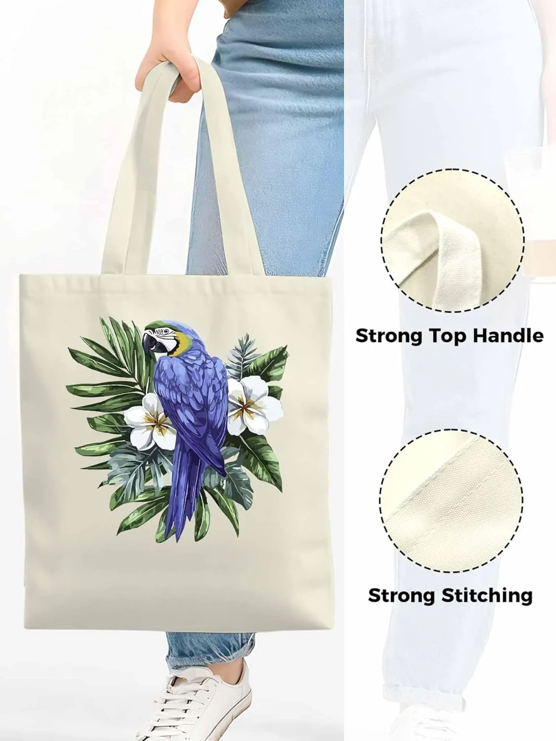 Canvas Tote Bag, Tropical Palm Leaves Parrot Aesthetic Canvas Tote Handbags for Women Shoulder Bag,