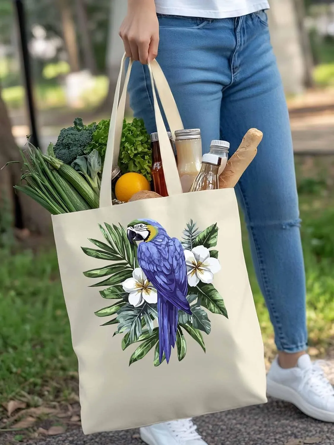 Canvas Tote Bag, Tropical Palm Leaves Parrot Aesthetic Canvas Tote Handbags for Women Shoulder Bag,