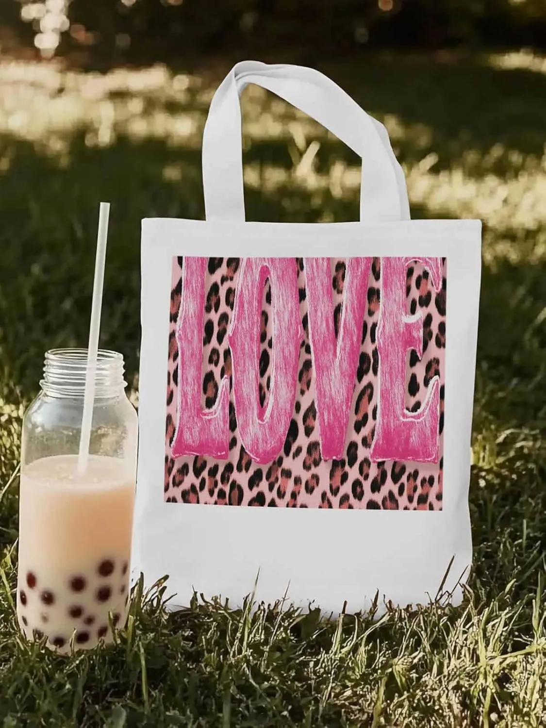 Canvas Tote Bag, Valentine Leopard Love Pink patterned Canvas Tote Handbags for Women Shoulder Bag,