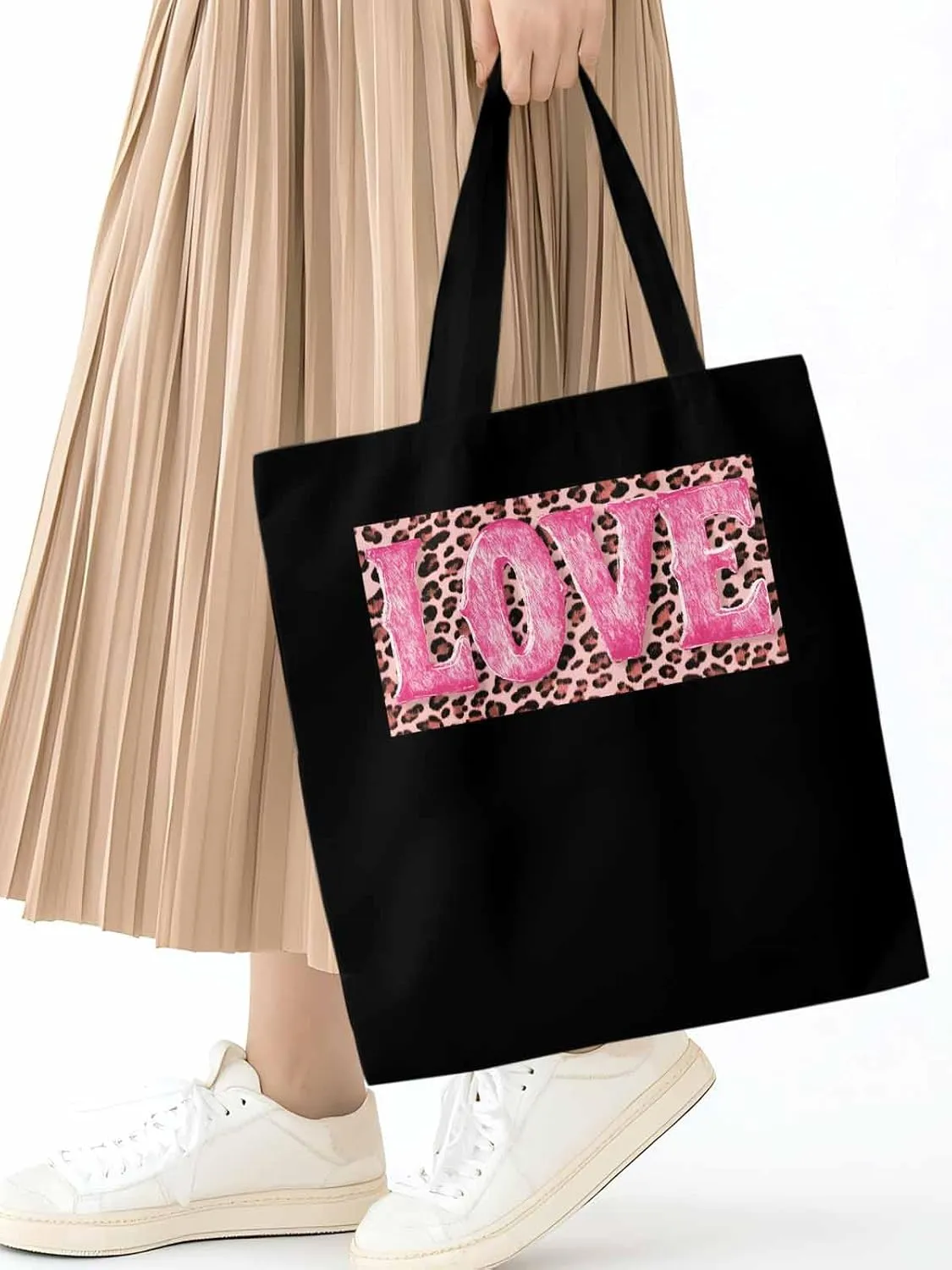 Canvas Tote Bag, Valentine Leopard Love Pink patterned Canvas Tote Handbags for Women Shoulder Bag,