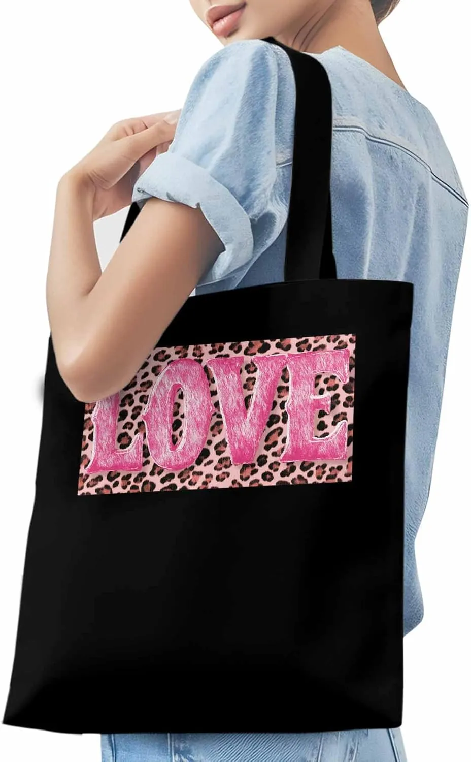 Canvas Tote Bag, Valentine Leopard Love Pink patterned Canvas Tote Handbags for Women Shoulder Bag,