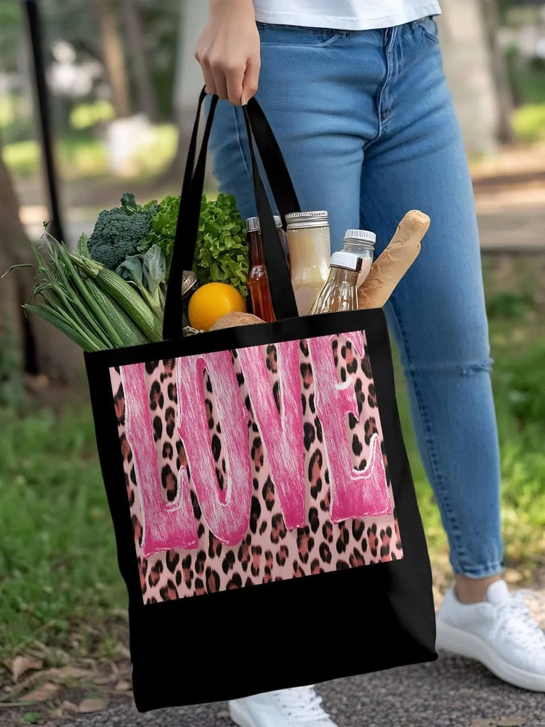 Canvas Tote Bag, Valentine Leopard Love Pink patterned Canvas Tote Handbags for Women Shoulder Bag,