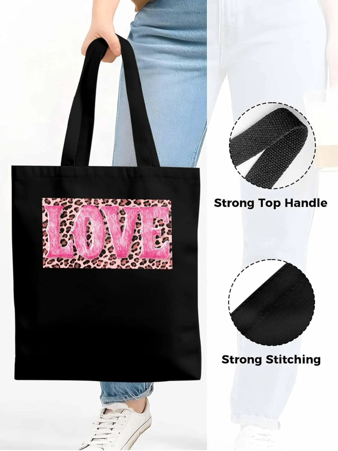 Canvas Tote Bag, Valentine Leopard Love Pink patterned Canvas Tote Handbags for Women Shoulder Bag,