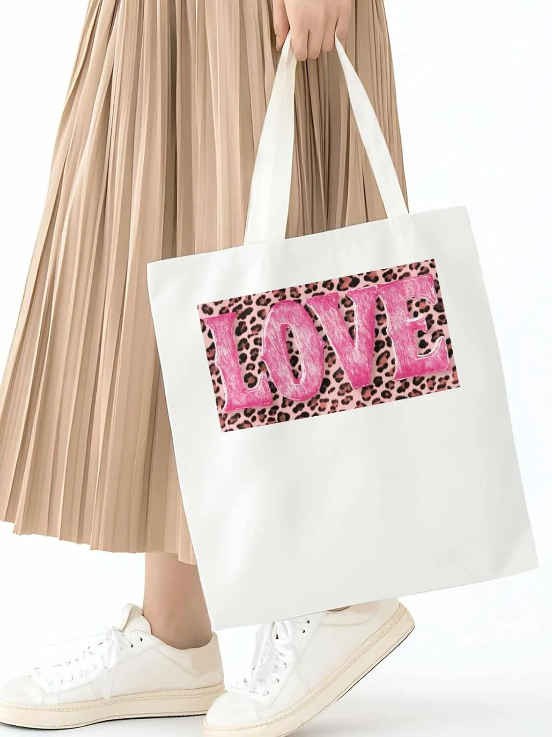 Canvas Tote Bag, Valentine Leopard Love Pink patterned Canvas Tote Handbags for Women Shoulder Bag,