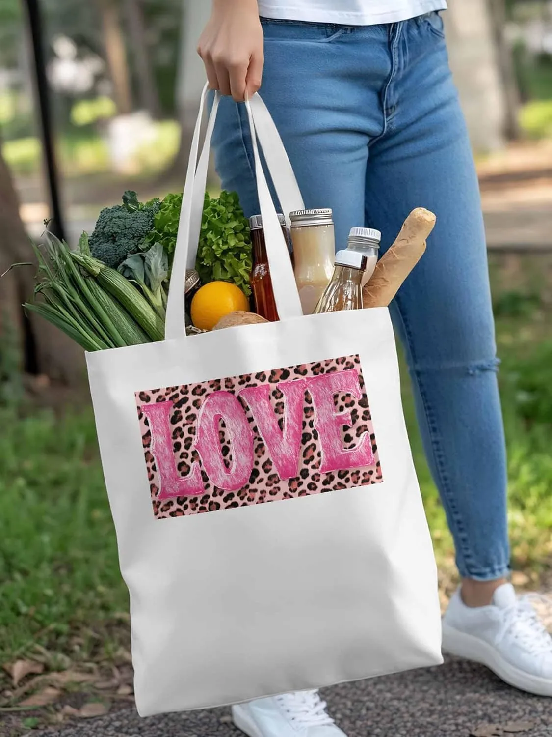 Canvas Tote Bag, Valentine Leopard Love Pink patterned Canvas Tote Handbags for Women Shoulder Bag,