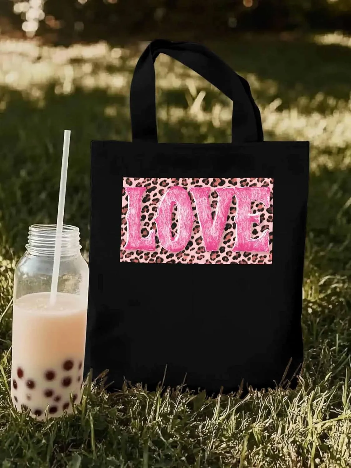 Canvas Tote Bag, Valentine Leopard Love Pink patterned Canvas Tote Handbags for Women Shoulder Bag,