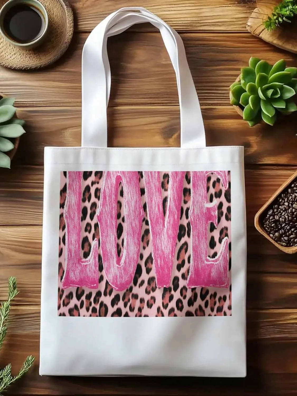 Canvas Tote Bag, Valentine Leopard Love Pink patterned Canvas Tote Handbags for Women Shoulder Bag,