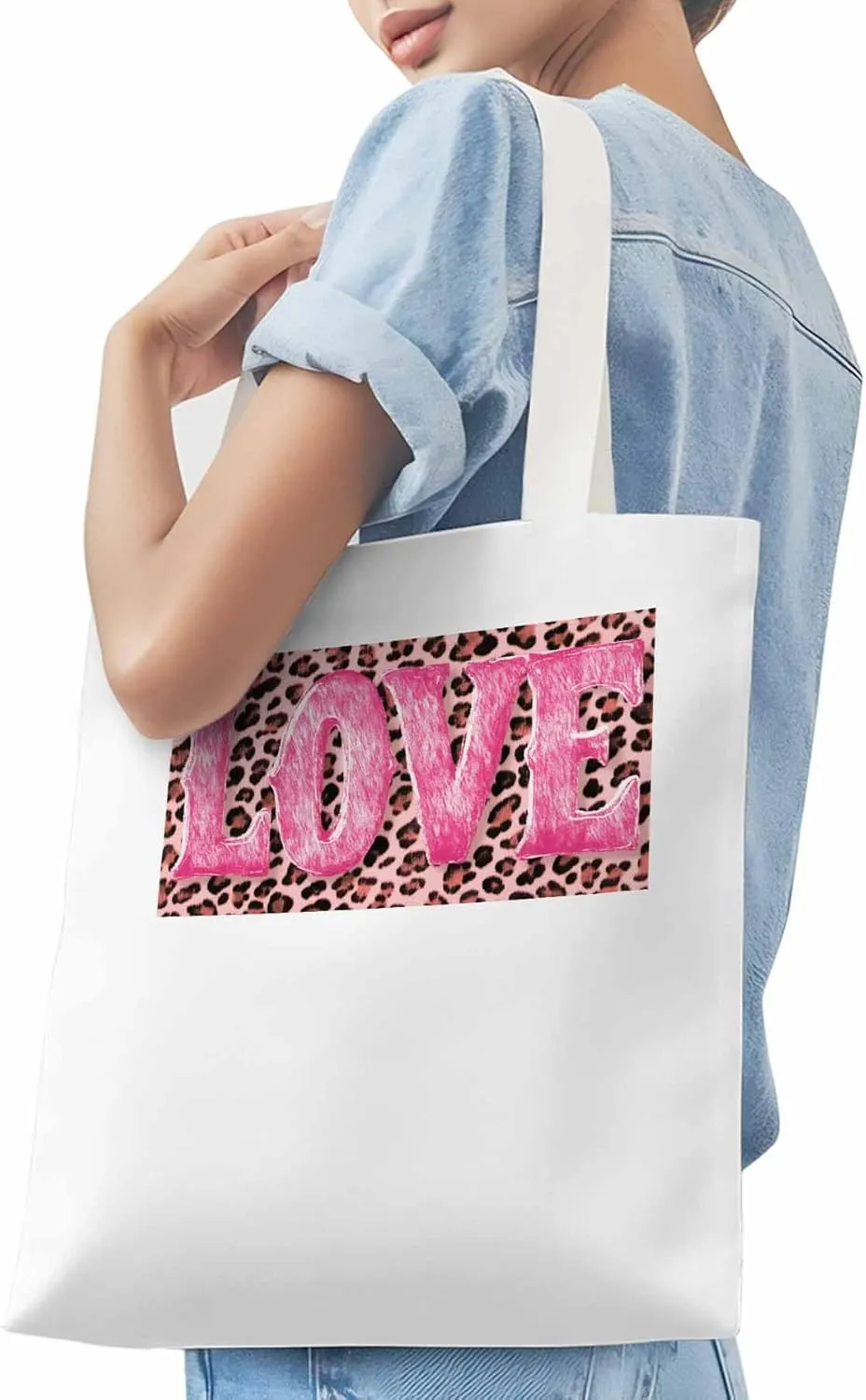 Canvas Tote Bag, Valentine Leopard Love Pink patterned Canvas Tote Handbags for Women Shoulder Bag,