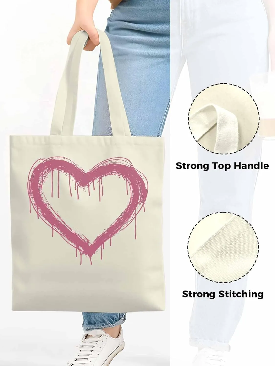 Canvas Tote Bag, Valentine's Day Abstract Pink Love Aesthetic Canvas Tote Handbags for Women Shoulder Bag
