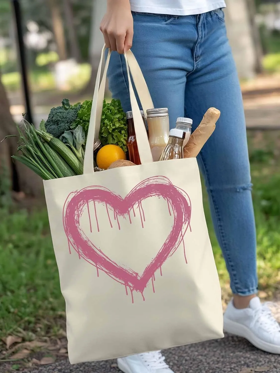 Canvas Tote Bag, Valentine's Day Abstract Pink Love Aesthetic Canvas Tote Handbags for Women Shoulder Bag