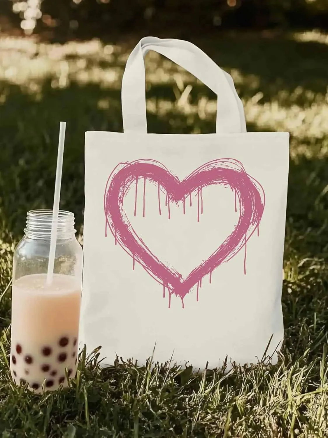 Canvas Tote Bag, Valentine's Day Abstract Pink Love Aesthetic Canvas Tote Handbags for Women Shoulder Bag