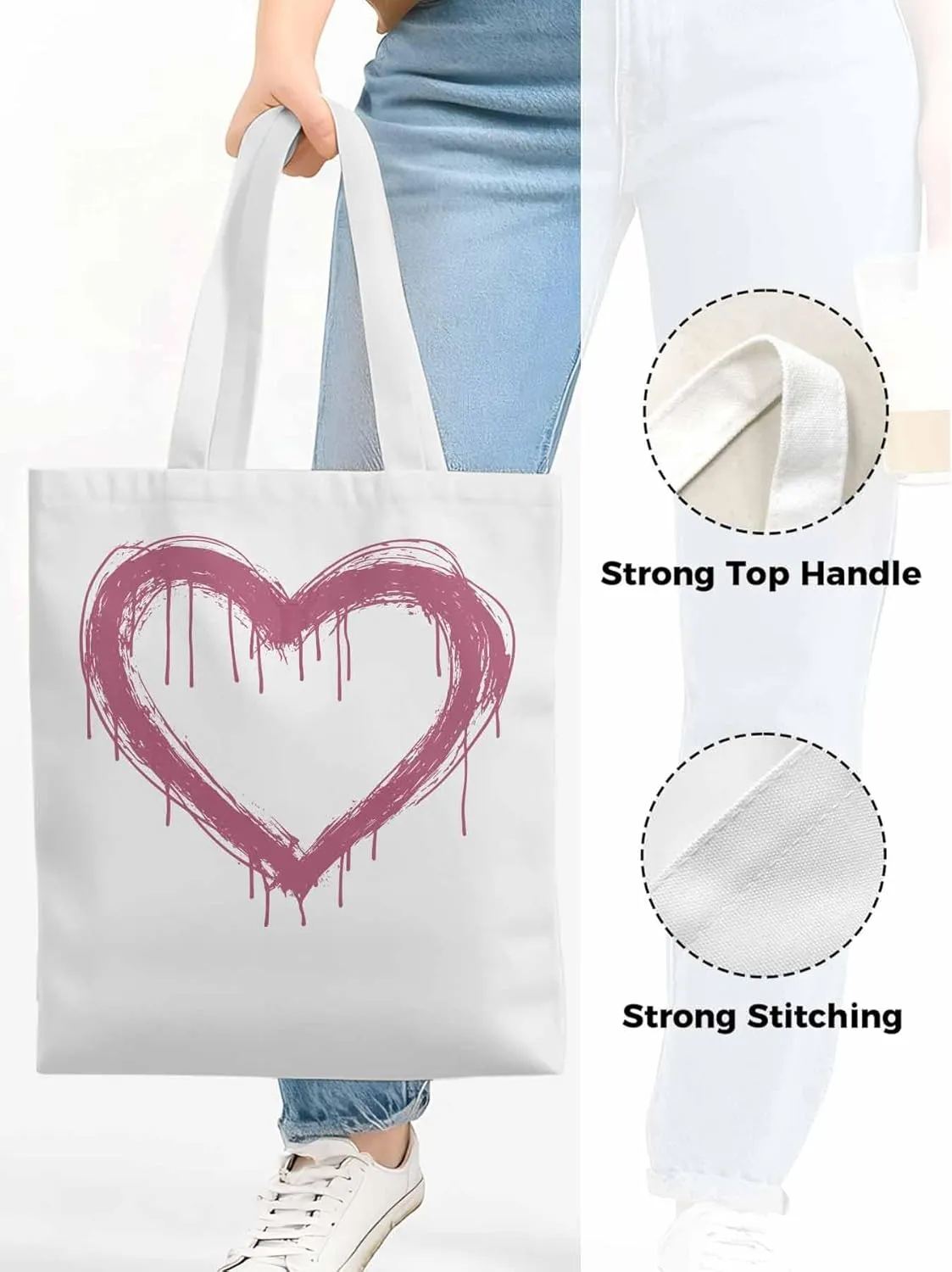 Canvas Tote Bag, Valentine's Day Abstract Pink Love Aesthetic Canvas Tote Handbags for Women Shoulder Bag