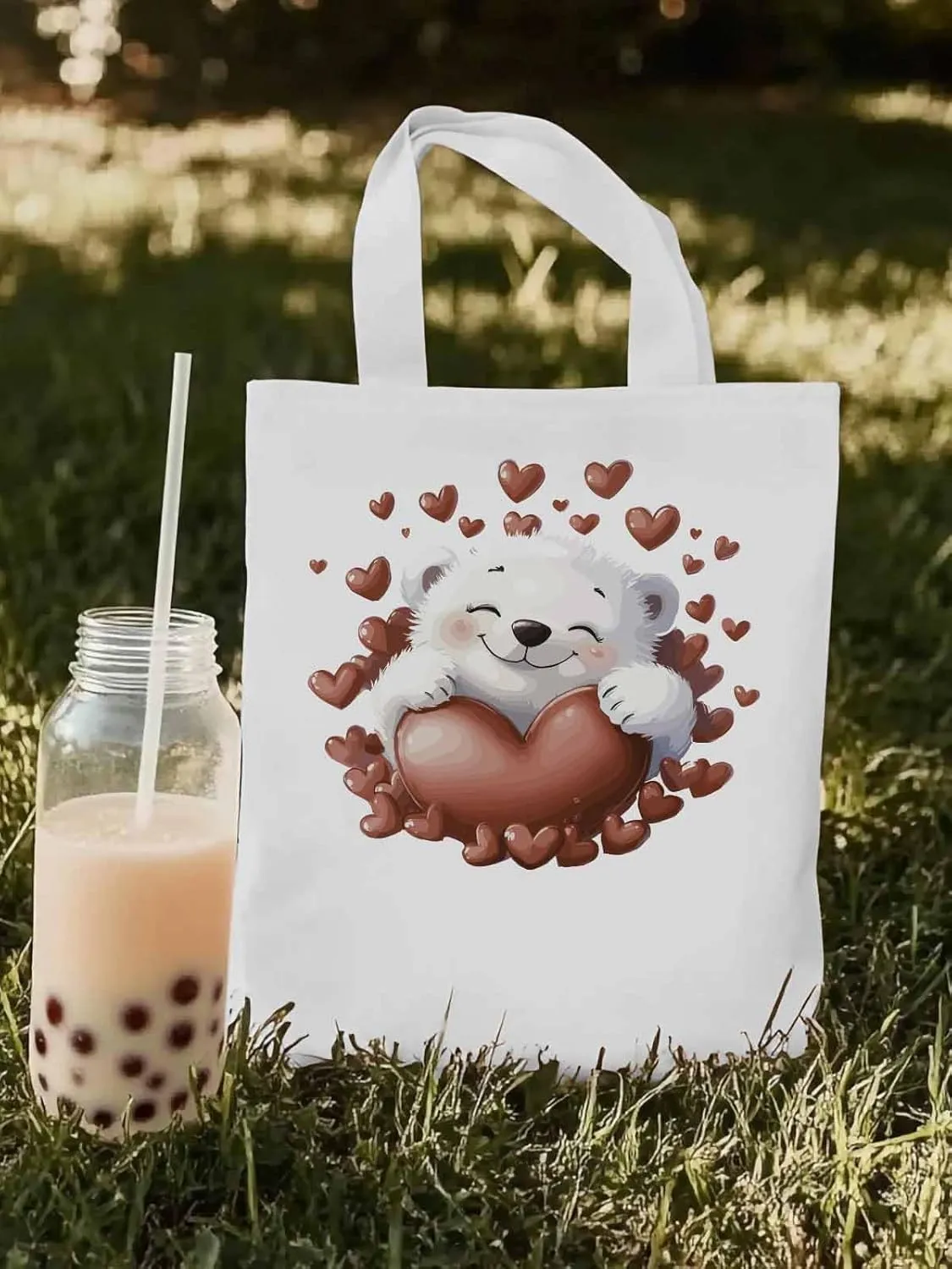 Canvas Tote Bag, Valentine's Day Aesthetic Canvas Tote Handbags for Women Shoulder Bag Love Heart Animals