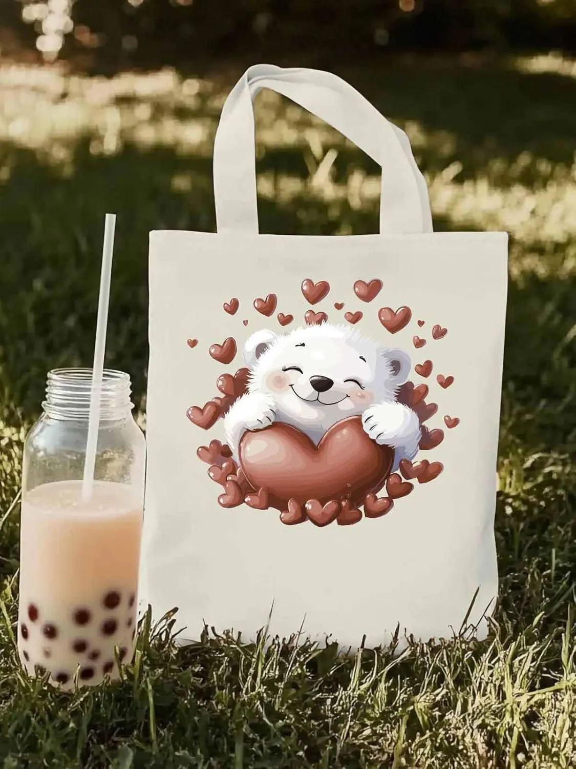 Canvas Tote Bag, Valentine's Day Aesthetic Canvas Tote Handbags for Women Shoulder Bag Love Heart Animals