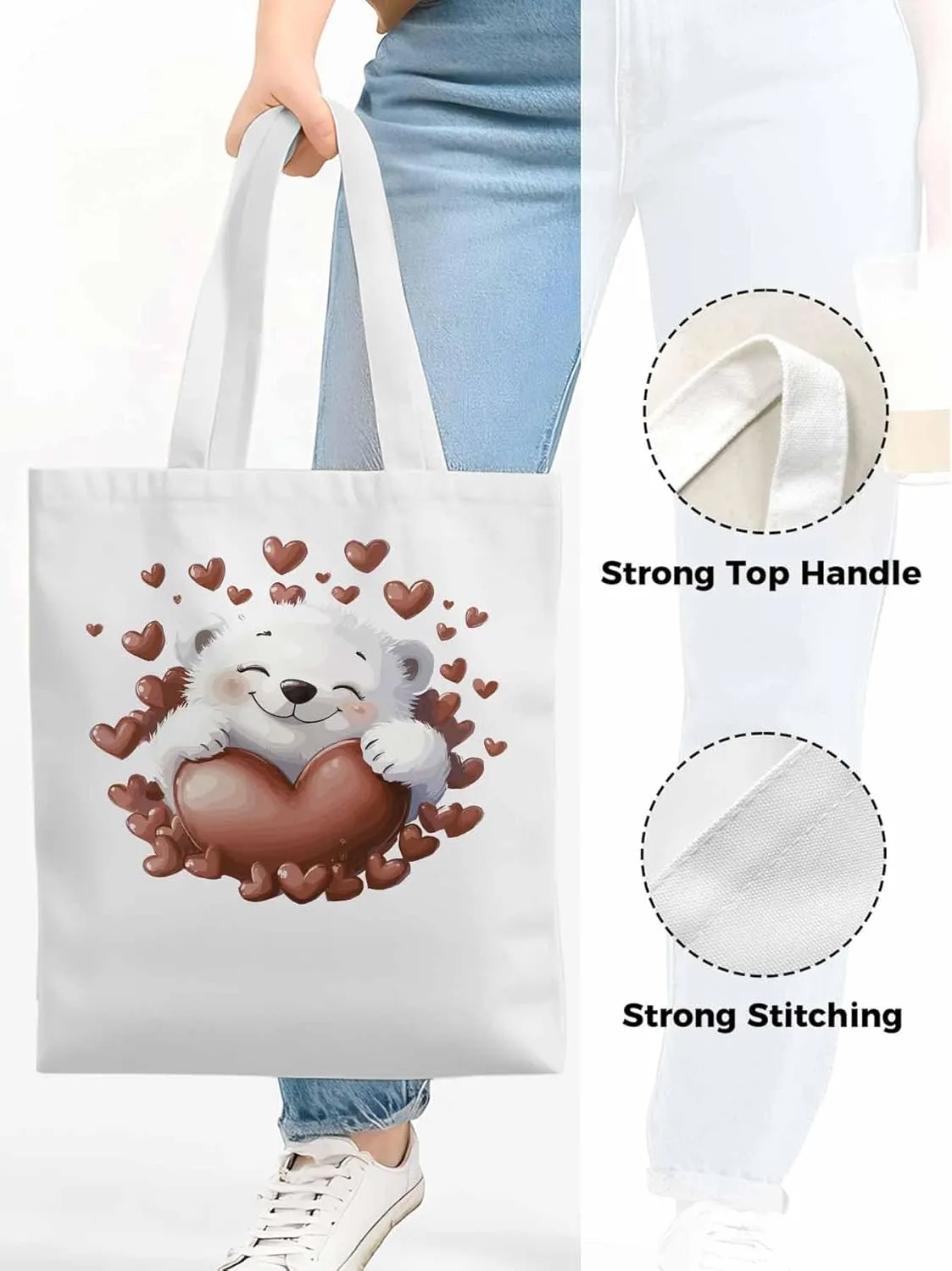 Canvas Tote Bag, Valentine's Day Aesthetic Canvas Tote Handbags for Women Shoulder Bag Love Heart Animals