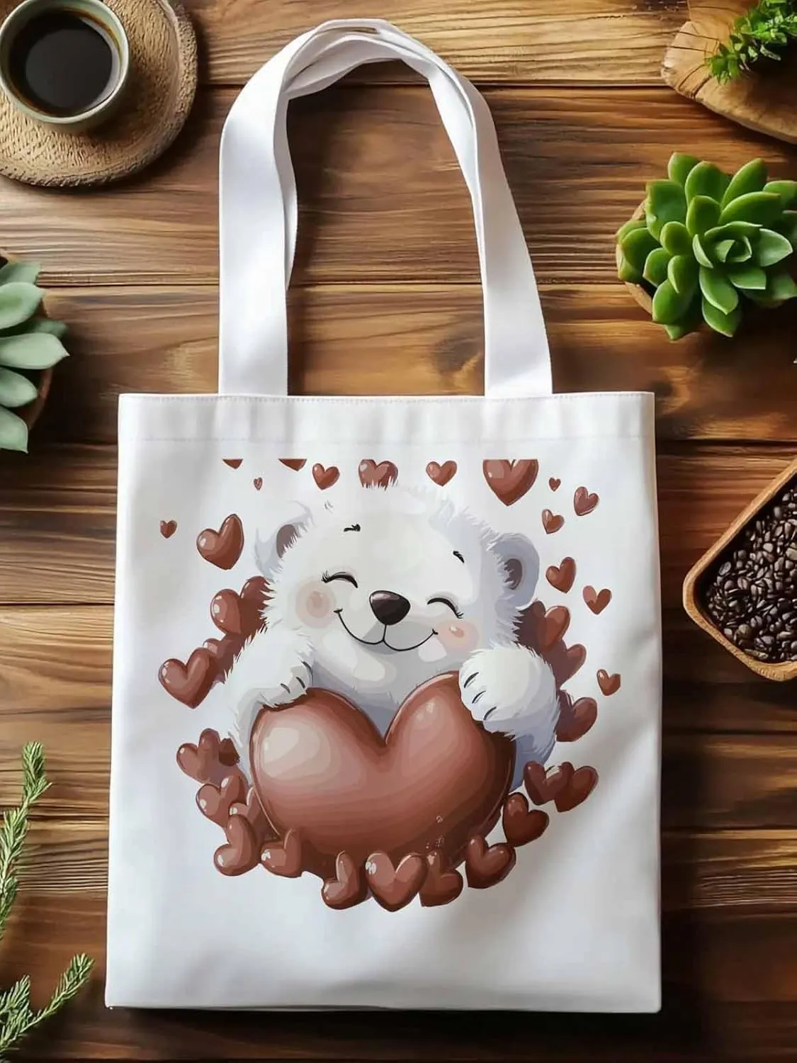 Canvas Tote Bag, Valentine's Day Aesthetic Canvas Tote Handbags for Women Shoulder Bag Love Heart Animals