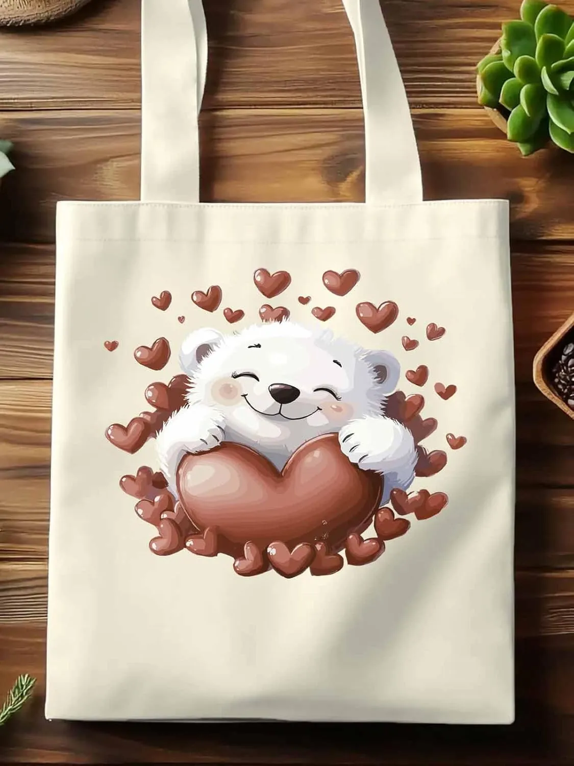 Canvas Tote Bag, Valentine's Day Aesthetic Canvas Tote Handbags for Women Shoulder Bag Love Heart Animals