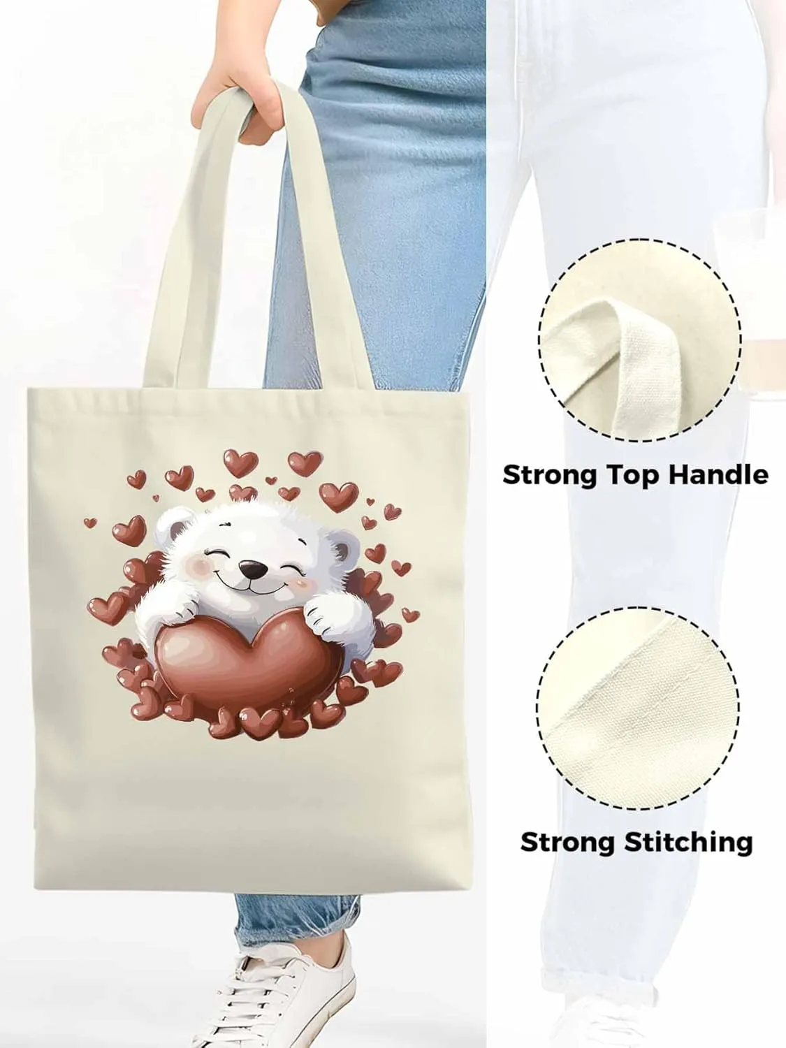 Canvas Tote Bag, Valentine's Day Aesthetic Canvas Tote Handbags for Women Shoulder Bag Love Heart Animals