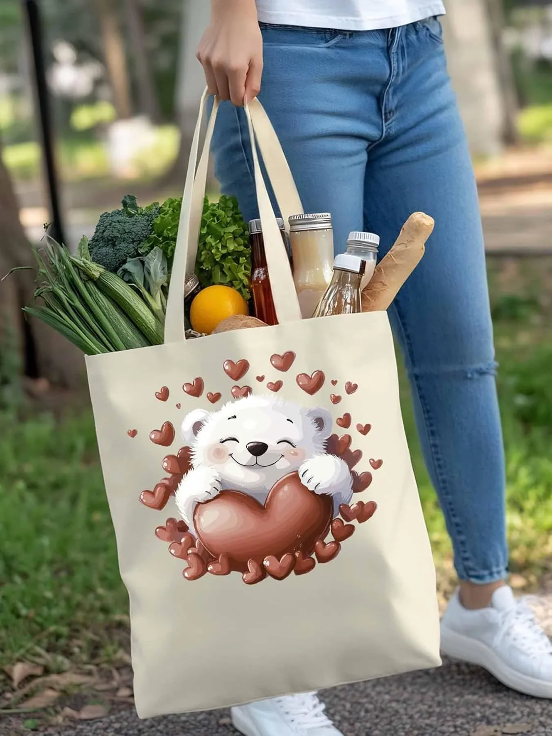 Canvas Tote Bag, Valentine's Day Aesthetic Canvas Tote Handbags for Women Shoulder Bag Love Heart Animals