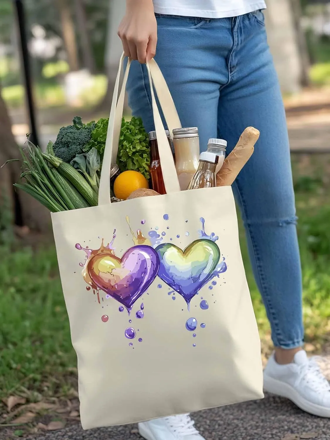 Canvas Tote Bag, Valentine's Day Aesthetic Canvas Tote Handbags for Women Shoulder Bag Love Heart Cartoon
