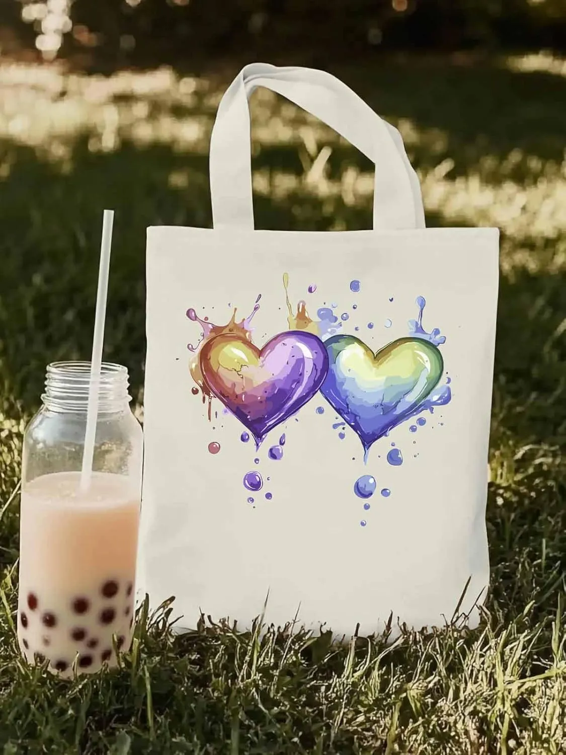 Canvas Tote Bag, Valentine's Day Aesthetic Canvas Tote Handbags for Women Shoulder Bag Love Heart Cartoon