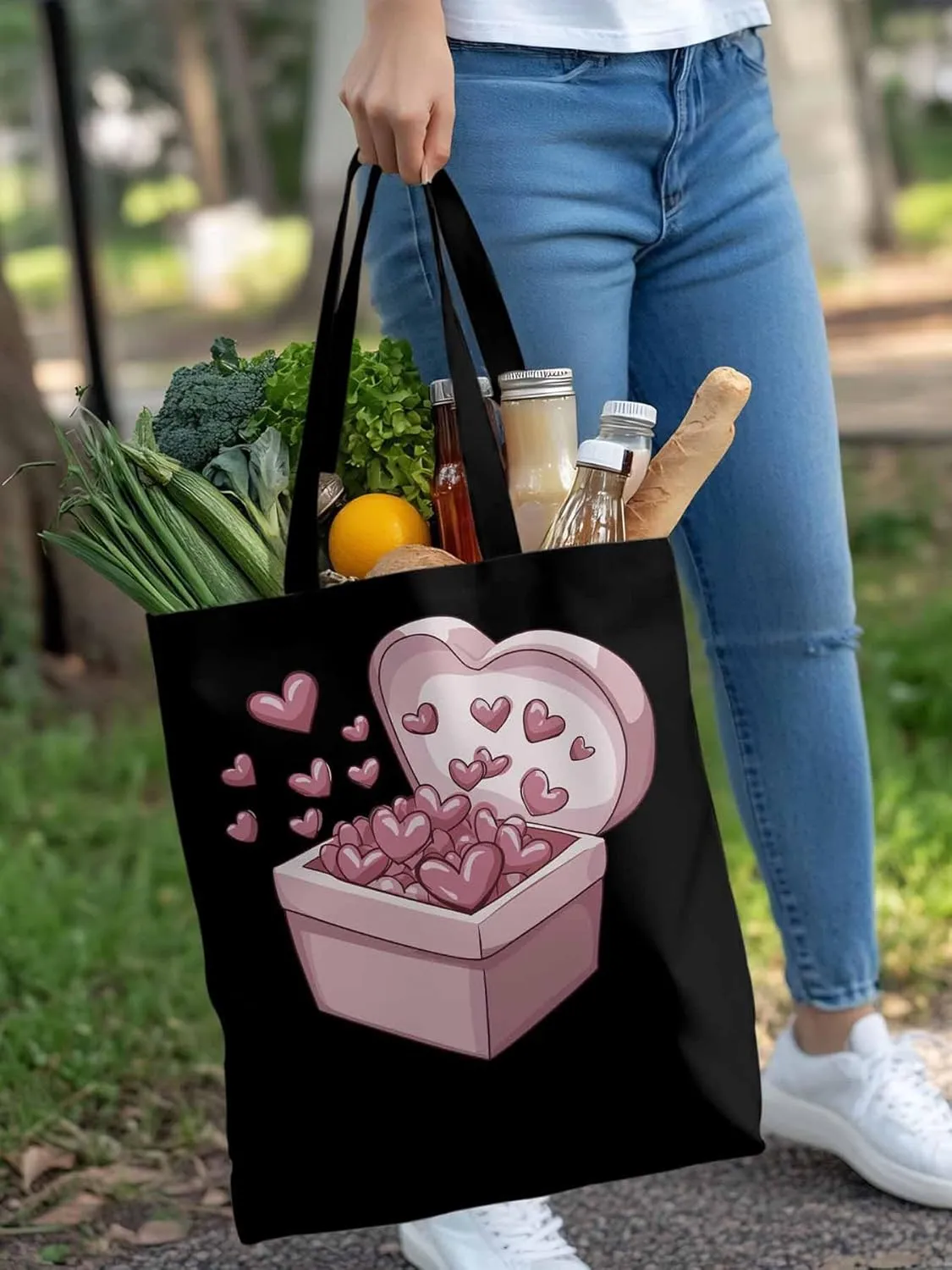 Canvas Tote Bag, Valentine's Day Aesthetic Canvas Tote Handbags for Women Shoulder Bag Pink Love Heart