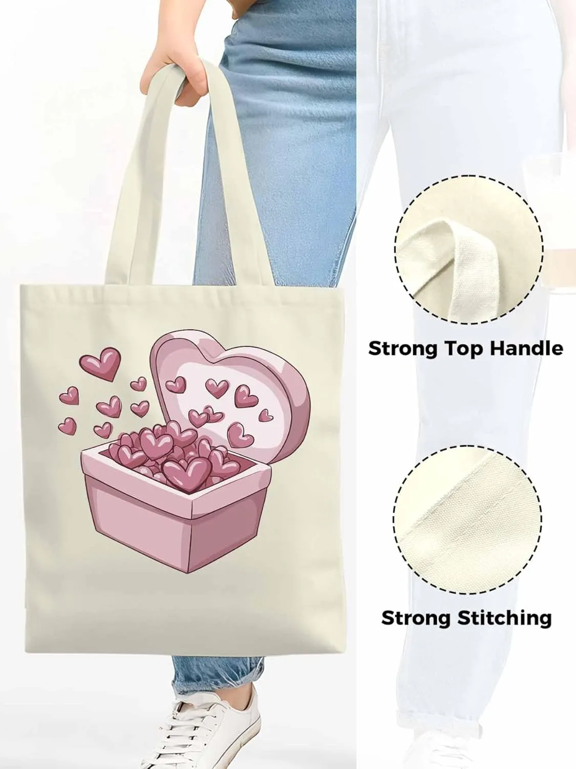 Canvas Tote Bag, Valentine's Day Aesthetic Canvas Tote Handbags for Women Shoulder Bag Pink Love Heart