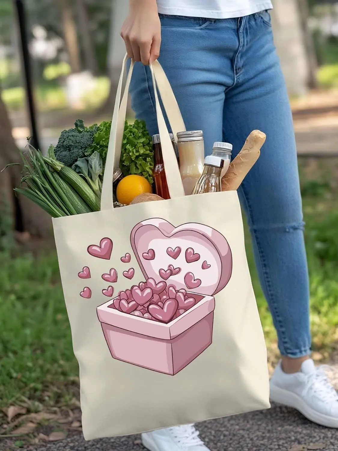 Canvas Tote Bag, Valentine's Day Aesthetic Canvas Tote Handbags for Women Shoulder Bag Pink Love Heart