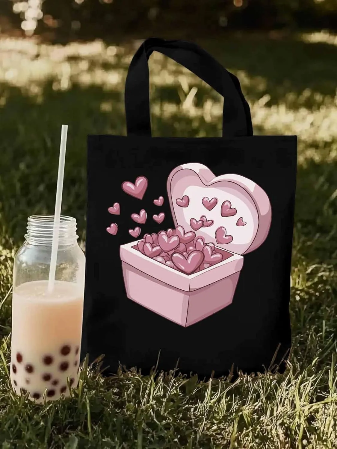 Canvas Tote Bag, Valentine's Day Aesthetic Canvas Tote Handbags for Women Shoulder Bag Pink Love Heart