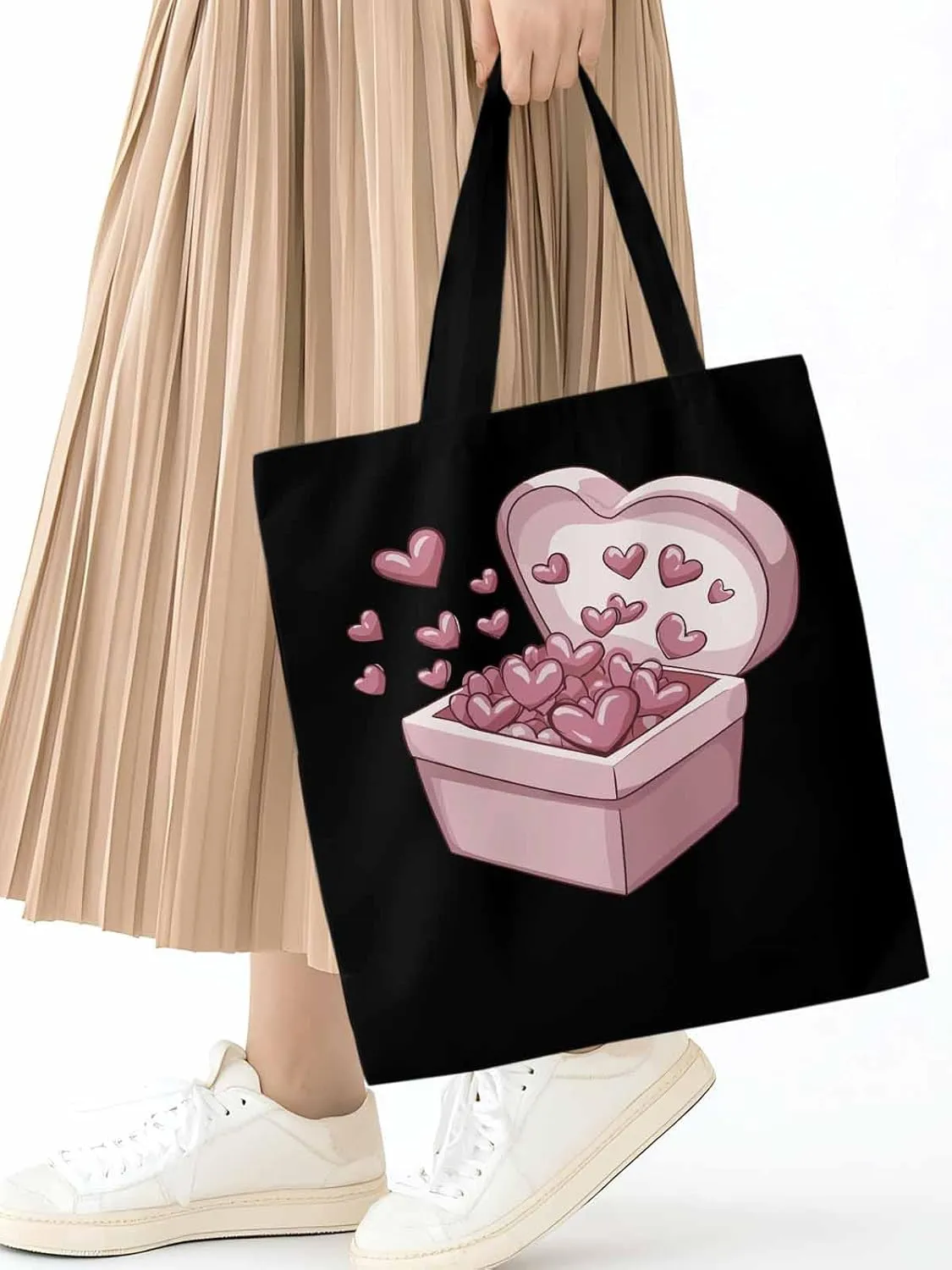 Canvas Tote Bag, Valentine's Day Aesthetic Canvas Tote Handbags for Women Shoulder Bag Pink Love Heart