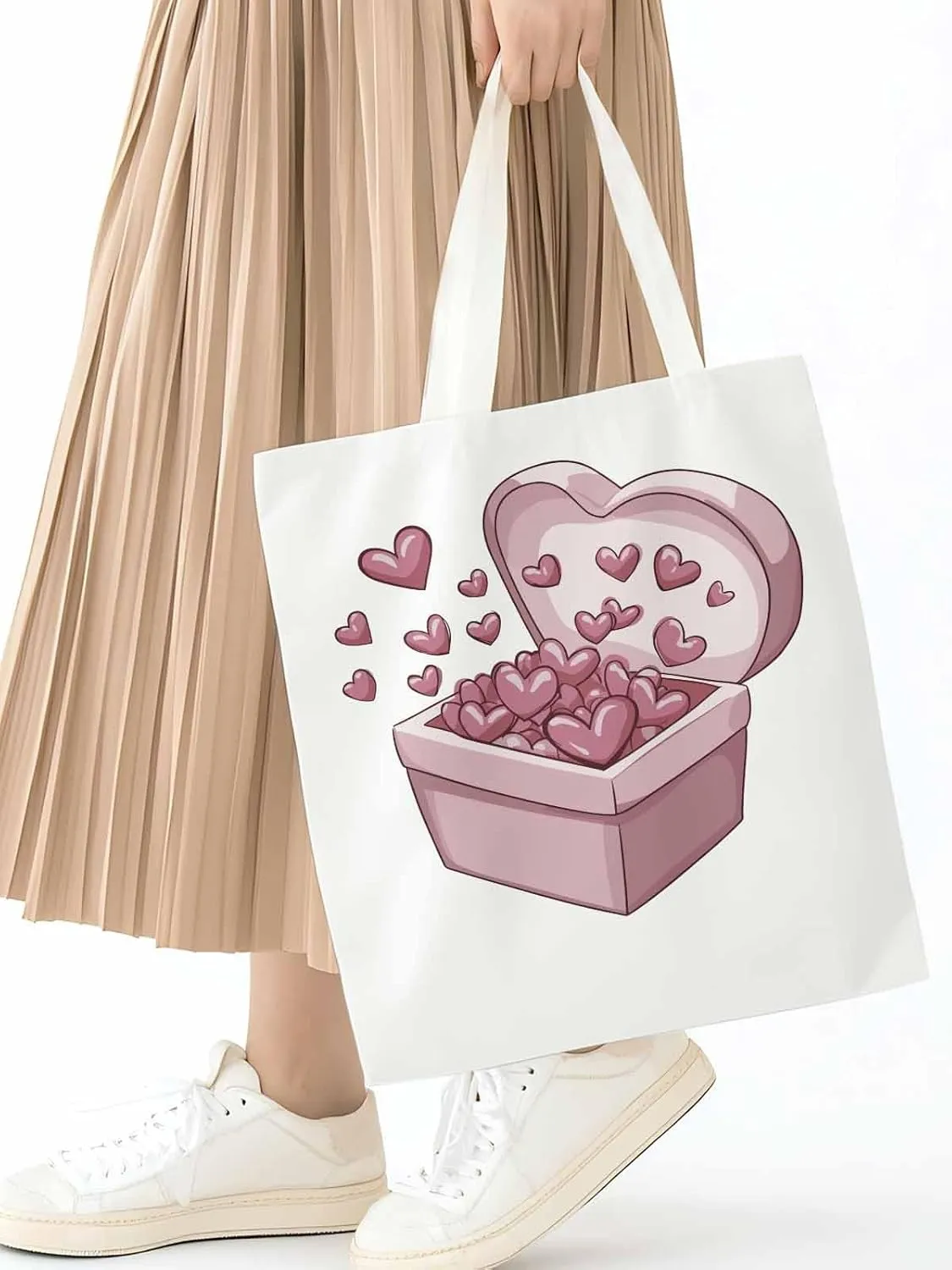 Canvas Tote Bag, Valentine's Day Aesthetic Canvas Tote Handbags for Women Shoulder Bag Pink Love Heart
