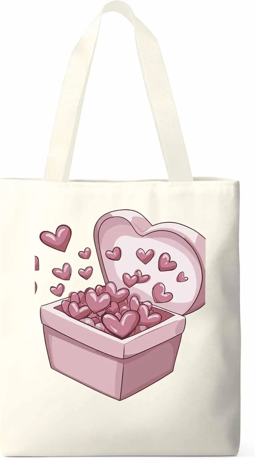 Canvas Tote Bag, Valentine's Day Aesthetic Canvas Tote Handbags for Women Shoulder Bag Pink Love Heart