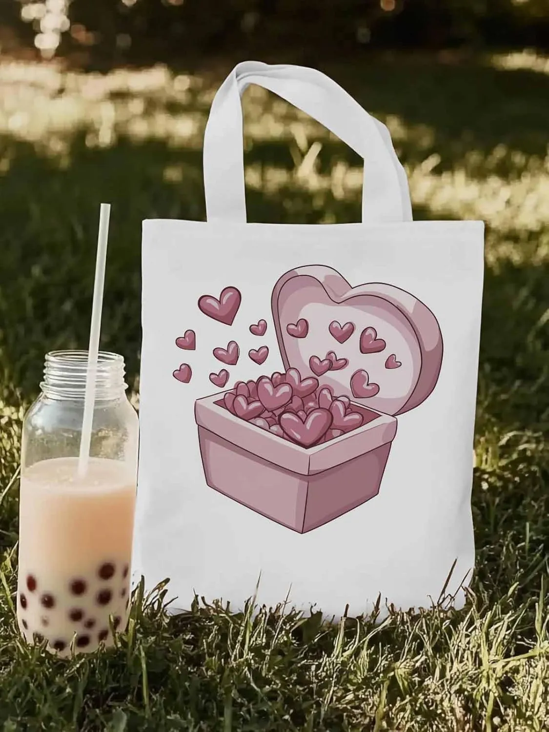 Canvas Tote Bag, Valentine's Day Aesthetic Canvas Tote Handbags for Women Shoulder Bag Pink Love Heart