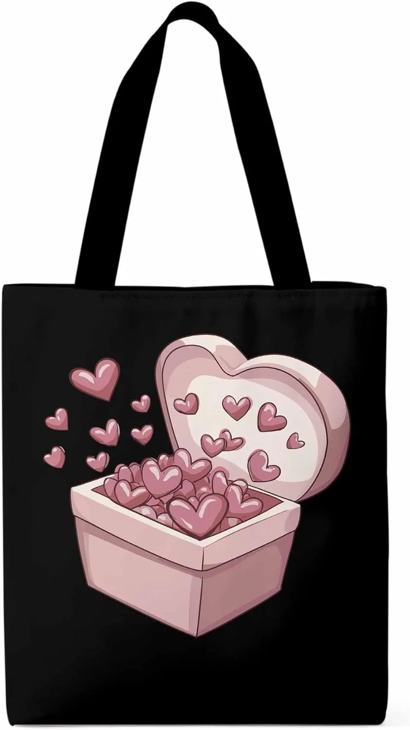 Canvas Tote Bag, Valentine's Day Aesthetic Canvas Tote Handbags for Women Shoulder Bag Pink Love Heart