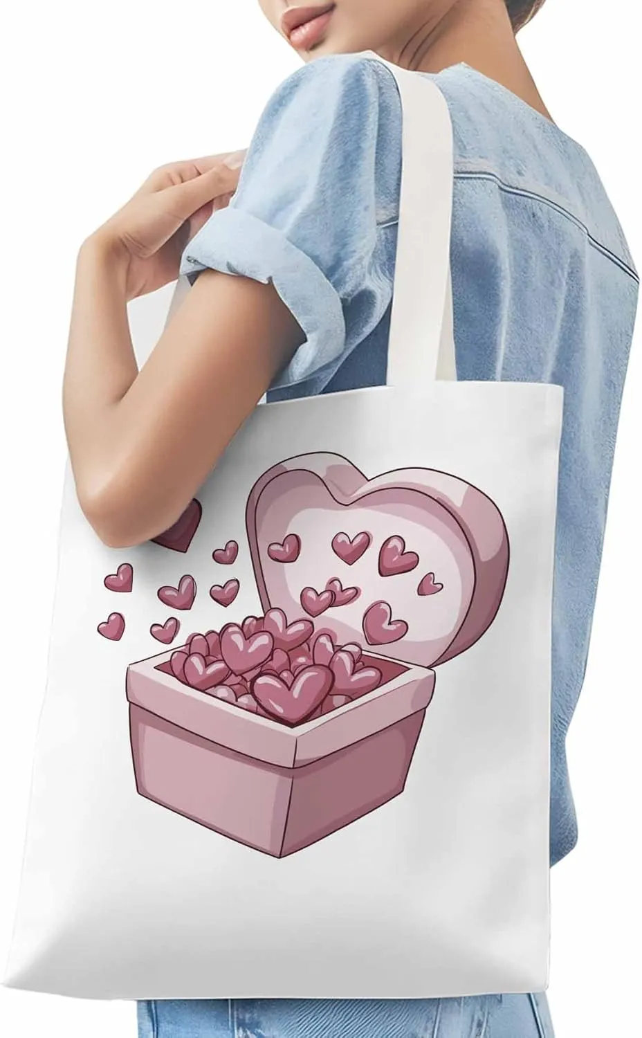 Canvas Tote Bag, Valentine's Day Aesthetic Canvas Tote Handbags for Women Shoulder Bag Pink Love Heart