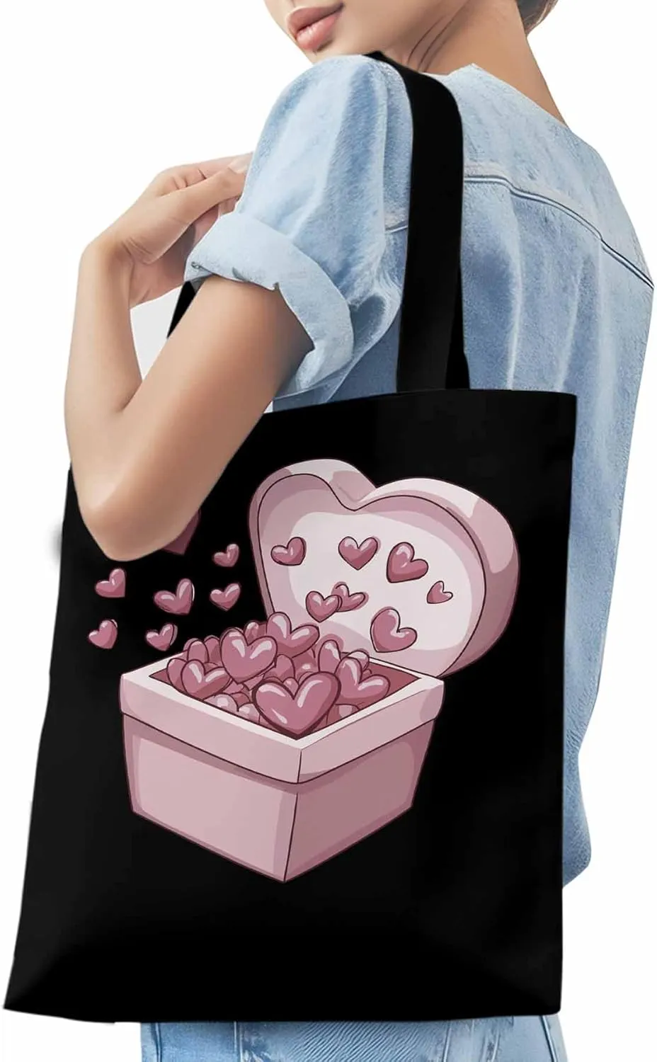 Canvas Tote Bag, Valentine's Day Aesthetic Canvas Tote Handbags for Women Shoulder Bag Pink Love Heart