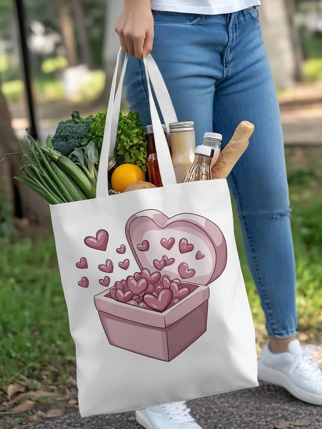Canvas Tote Bag, Valentine's Day Aesthetic Canvas Tote Handbags for Women Shoulder Bag Pink Love Heart